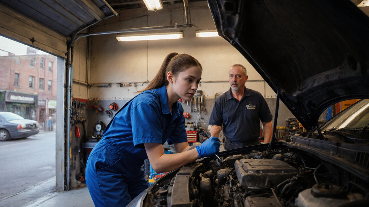 Apprentice in coveralls repairing a car engine in a garage with a senior mechanic watching.