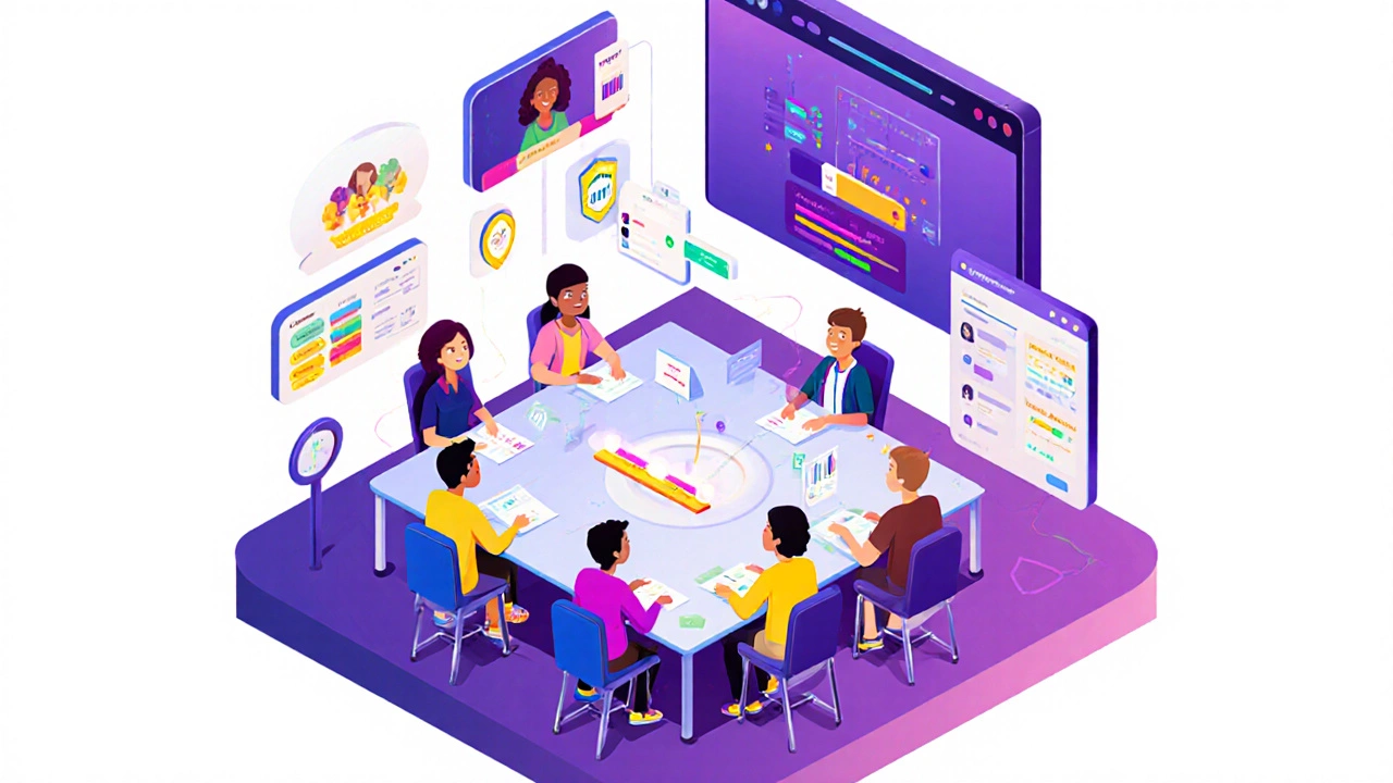 Colorful virtual classroom with avatars, badges, polls, and progress tracker indicating high engagement.