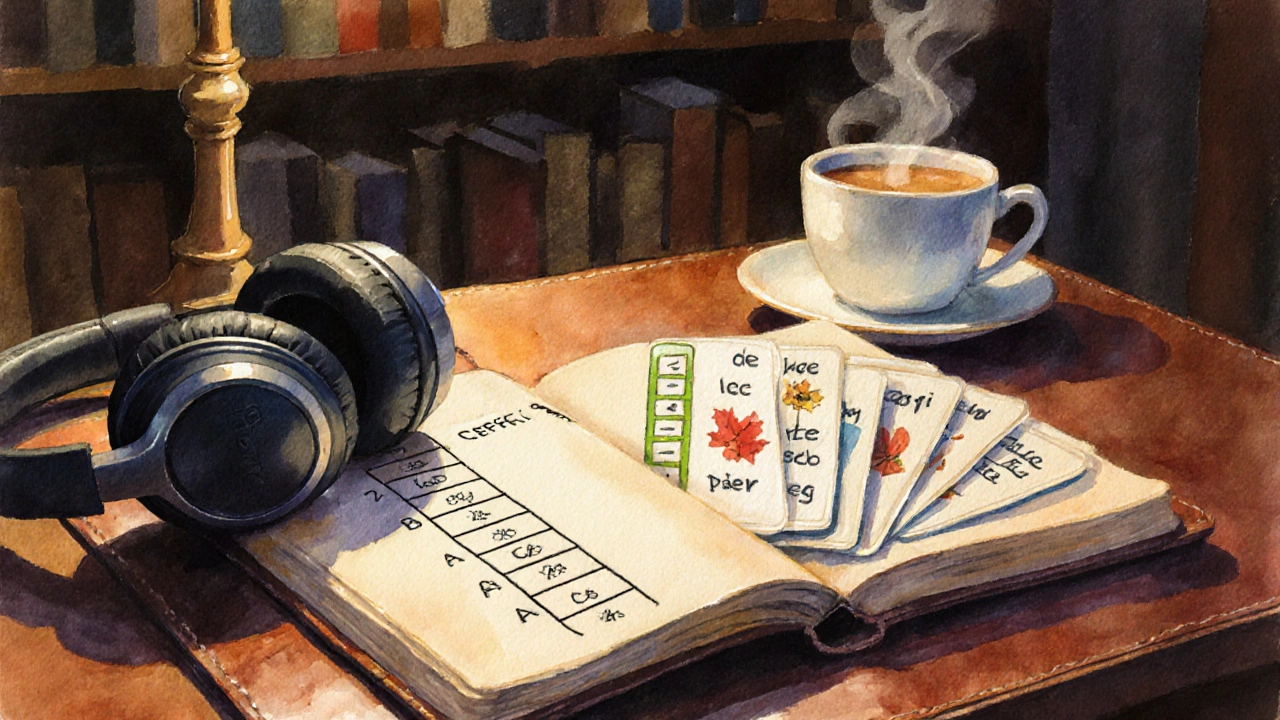 Cozy desk with CEFR ladder notebook, flashcards, headphones, and a cup of tea.