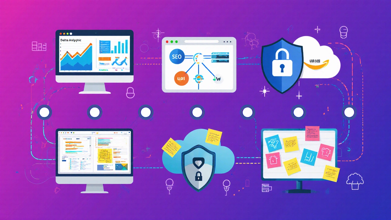 Flat illustration showing six career tracks: data dashboard, digital ads, UI mockup, security shield, cloud icon, and agile board.