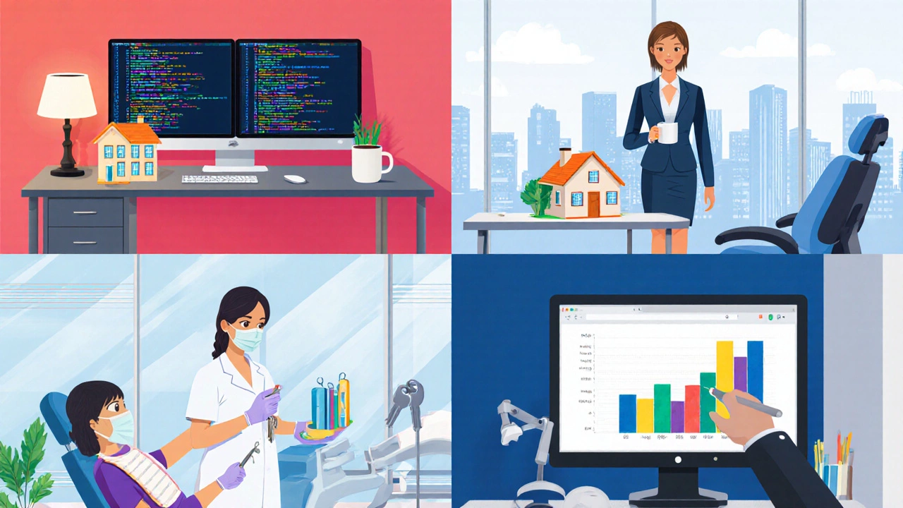 Four side‑by‑side scenes: coder, real‑estate agent, dental hygienist, data analyst.