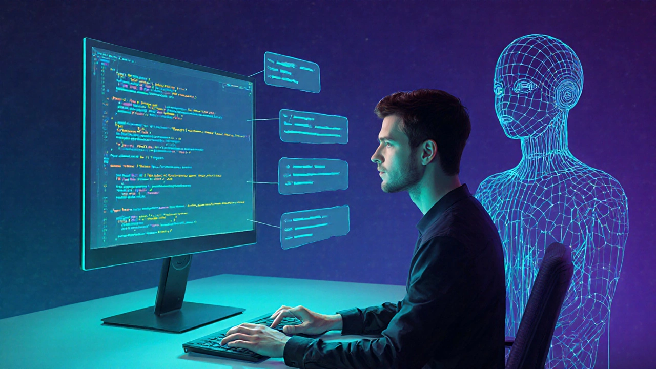 Futuristic scene of a coder working with holographic AI code suggestions.