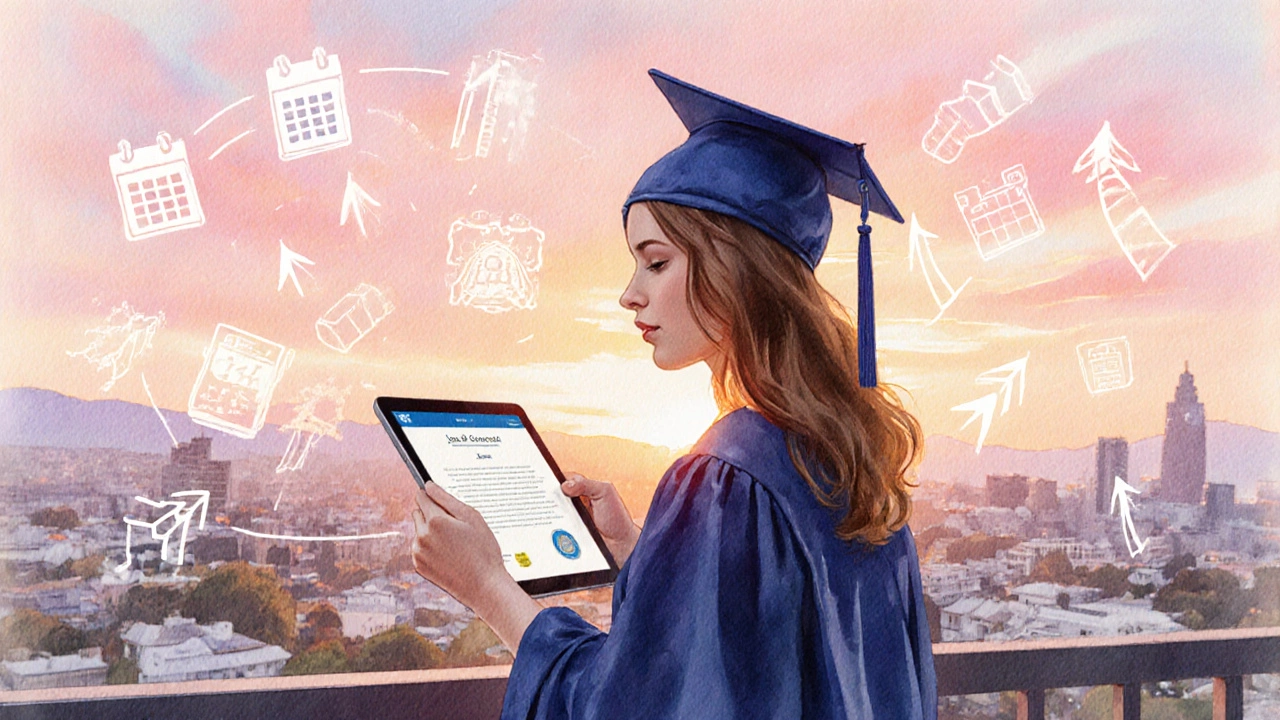 Graduate holding a digital diploma on a sunrise balcony.