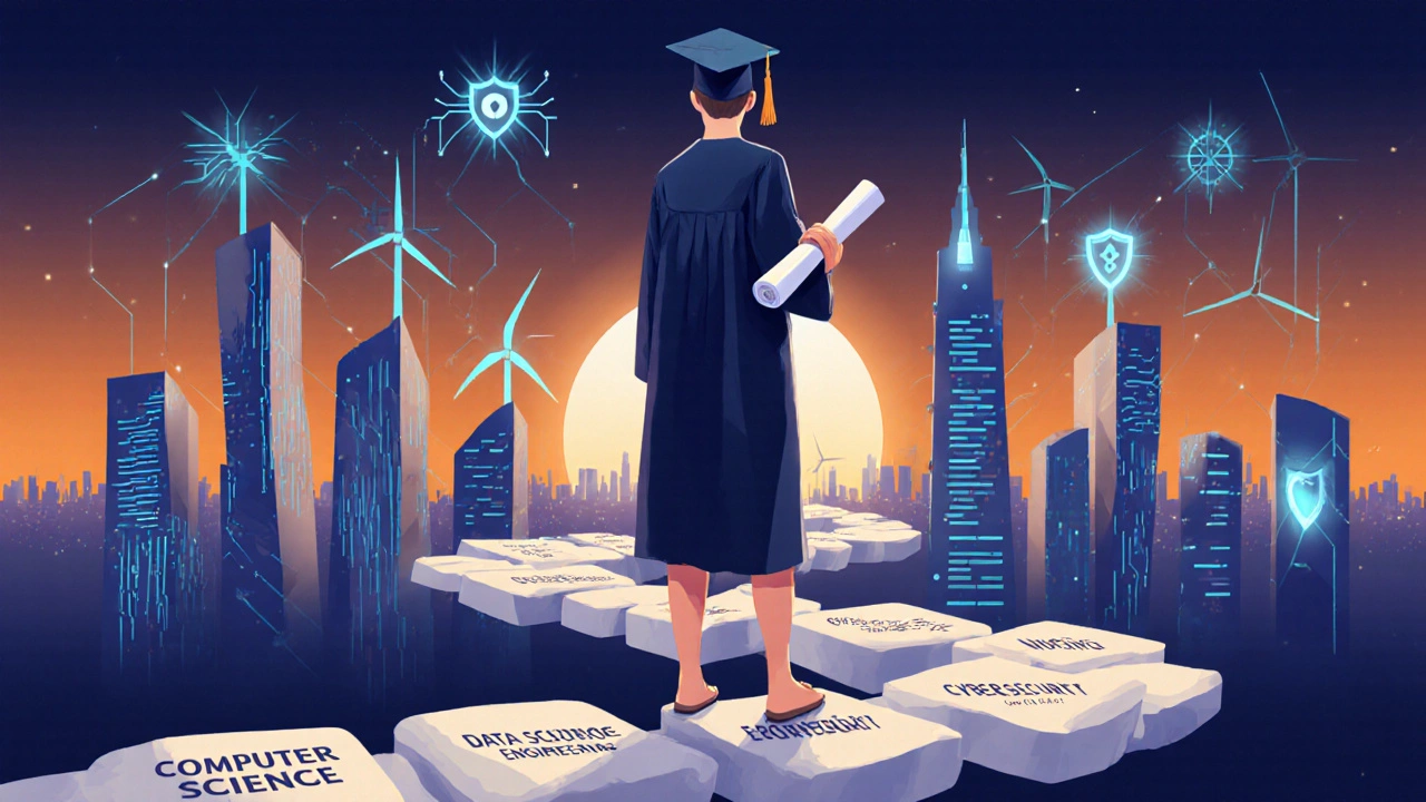 Graduate on stepping‑stone path toward sunrise skyline with renewable and digital motifs.