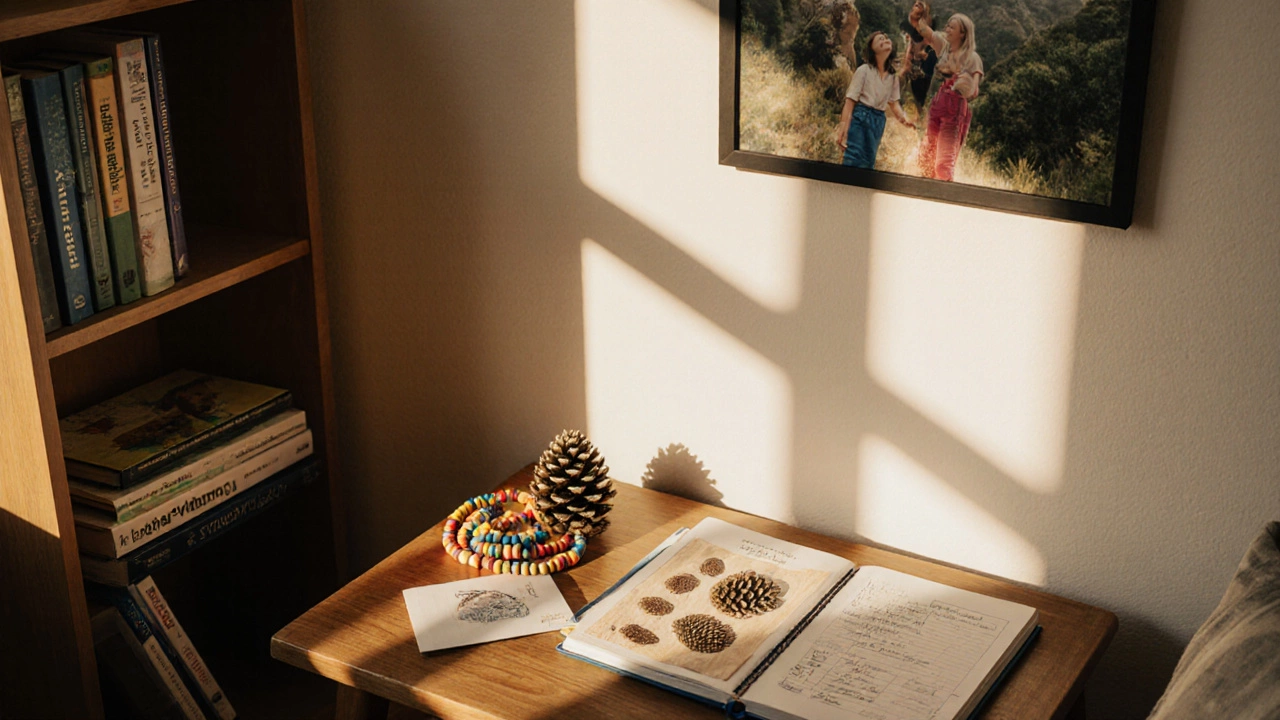 Home learning corner with Montessori, IB, and Waldorf materials and a celebration photo.