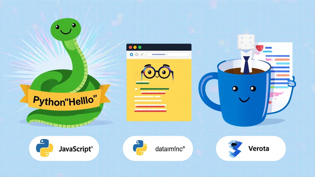Illustration comparing Python snake, JavaScript browser, and Java coffee mug as language icons.