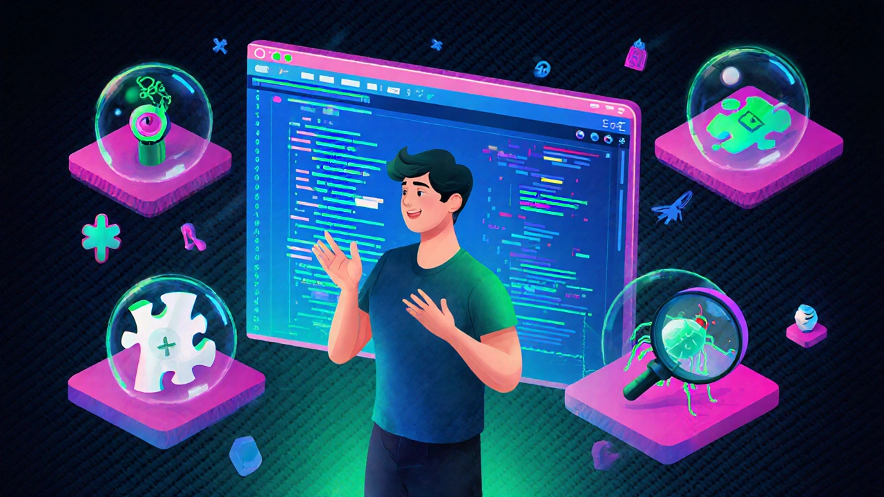 Illustration of a programmer surrounded by floating icons for IDE, Git, algorithms, and debugging.