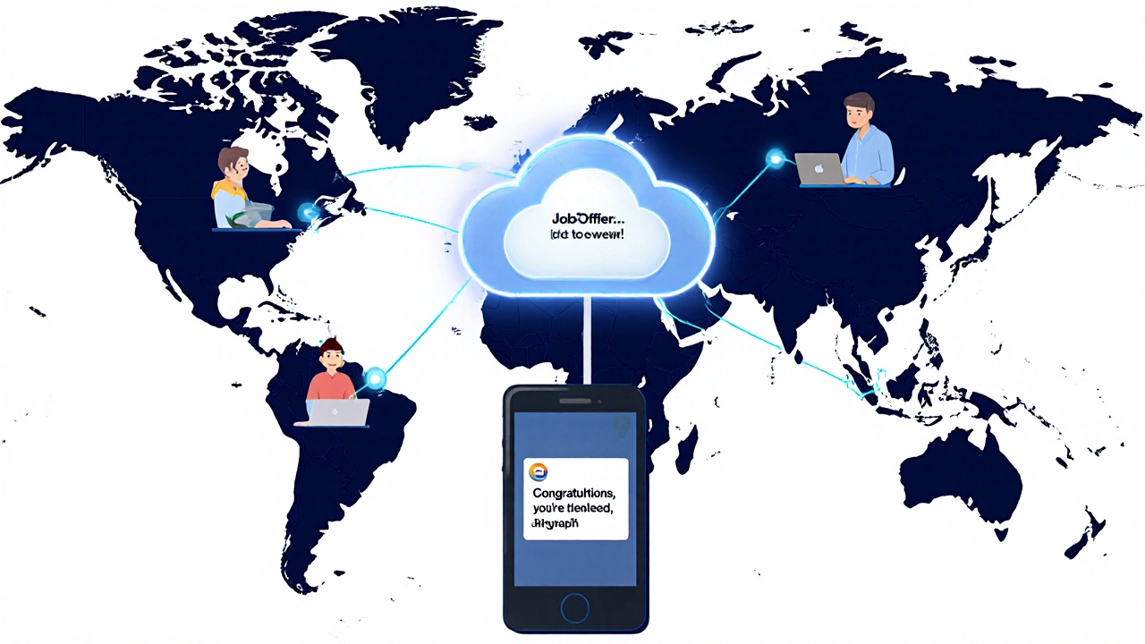 Isometric map of remote developers worldwide linked to a central job offer notification.