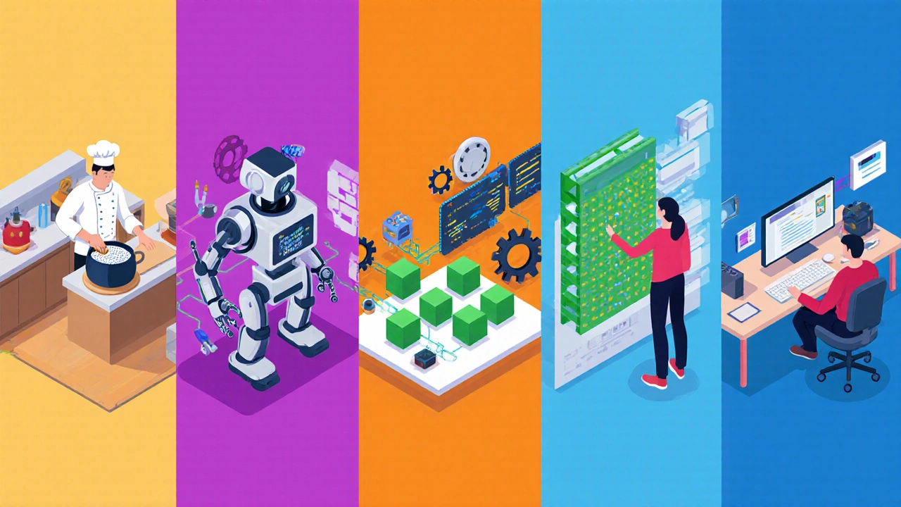 Isometric panels showing metaphors for procedural, OOP, functional, declarative, and scripting code.