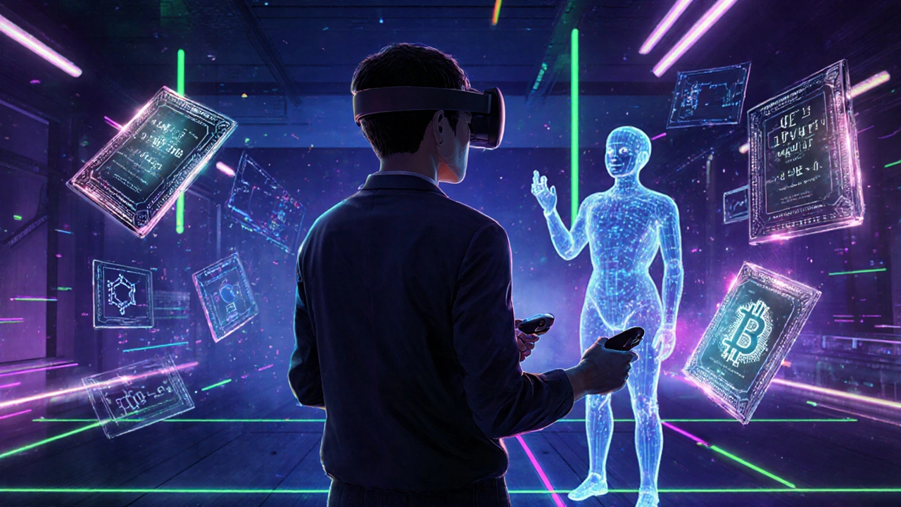Learner wearing VR headset in a virtual lab with AI tutor and floating blockchain certificates.