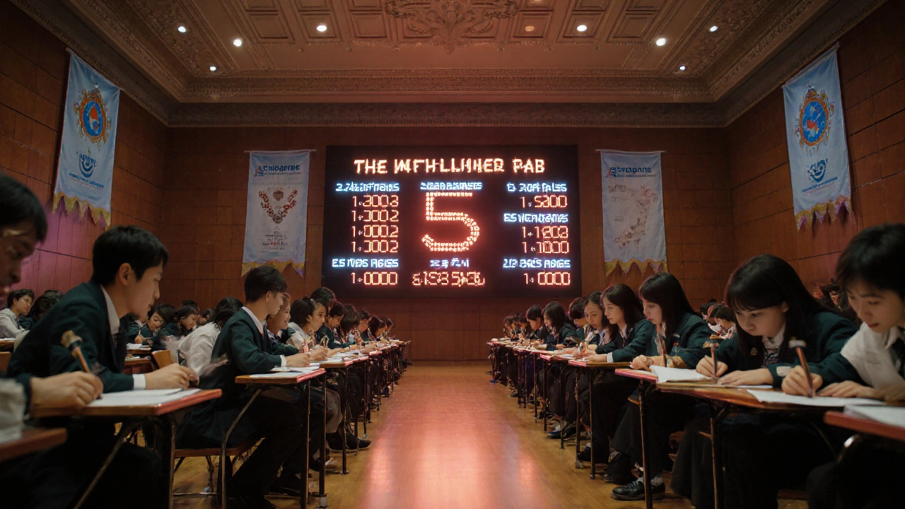 Math competition hall with scoreboard showing TIMSS/PISA scores and focused students.