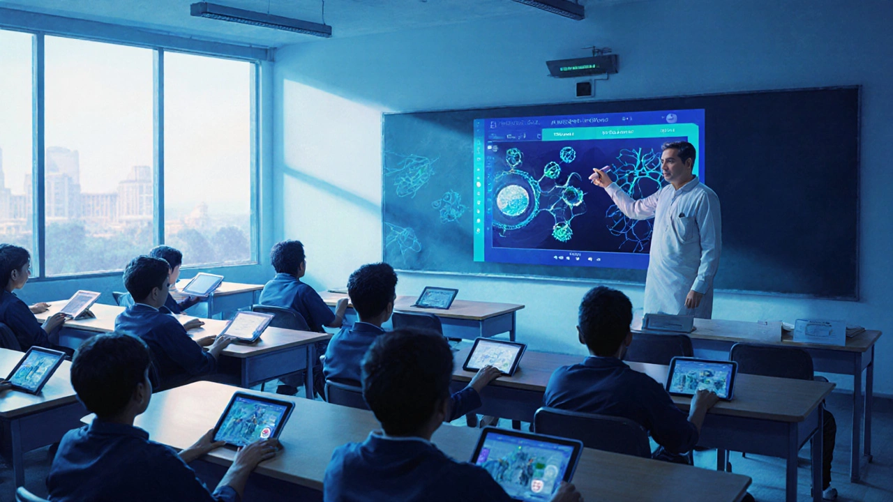 Modern Aakash Institute classroom with a teacher and digital screens during a lesson.