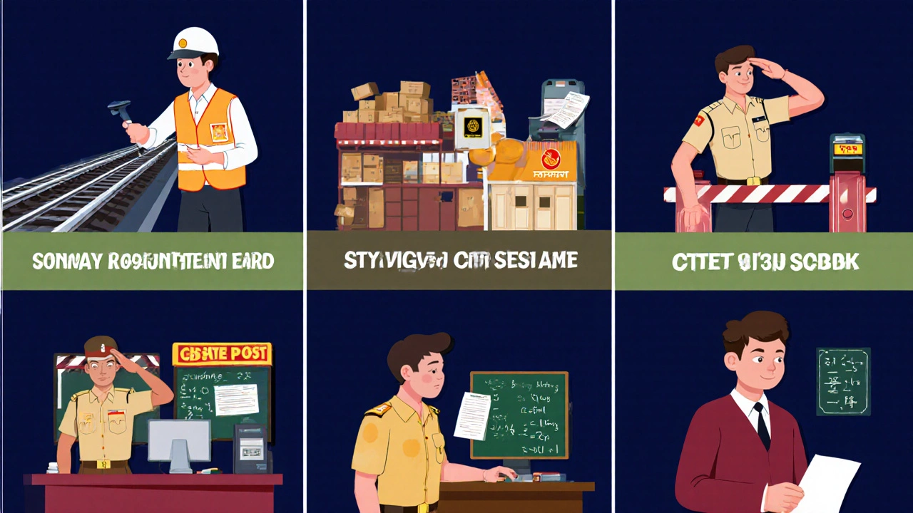 Montage of six Indian government job roles: railway engineer, post office assistant, police constable, bank clerk, teacher, and SSC candidate.