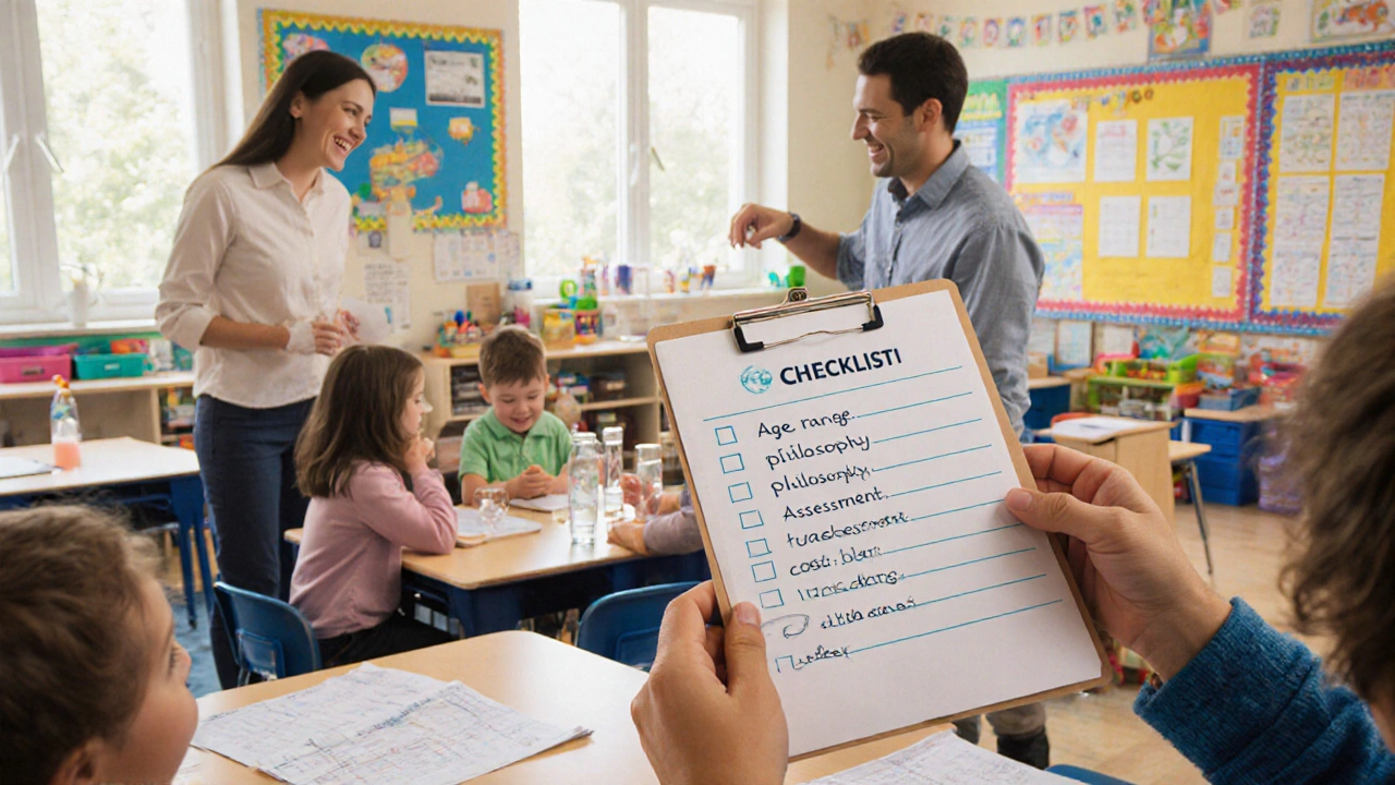 Parents review a checklist while observing a classroom lesson during an open house.