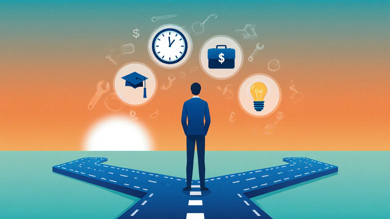 Person at a crossroads with icons for time, cost, career, degree and tools representing decision factors.