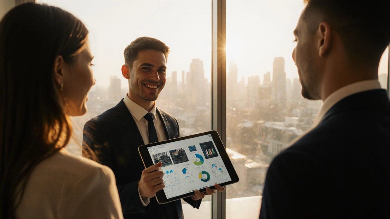 Portrait of a graduate showing a portfolio on a tablet to a recruiter in a bright office lobby.
