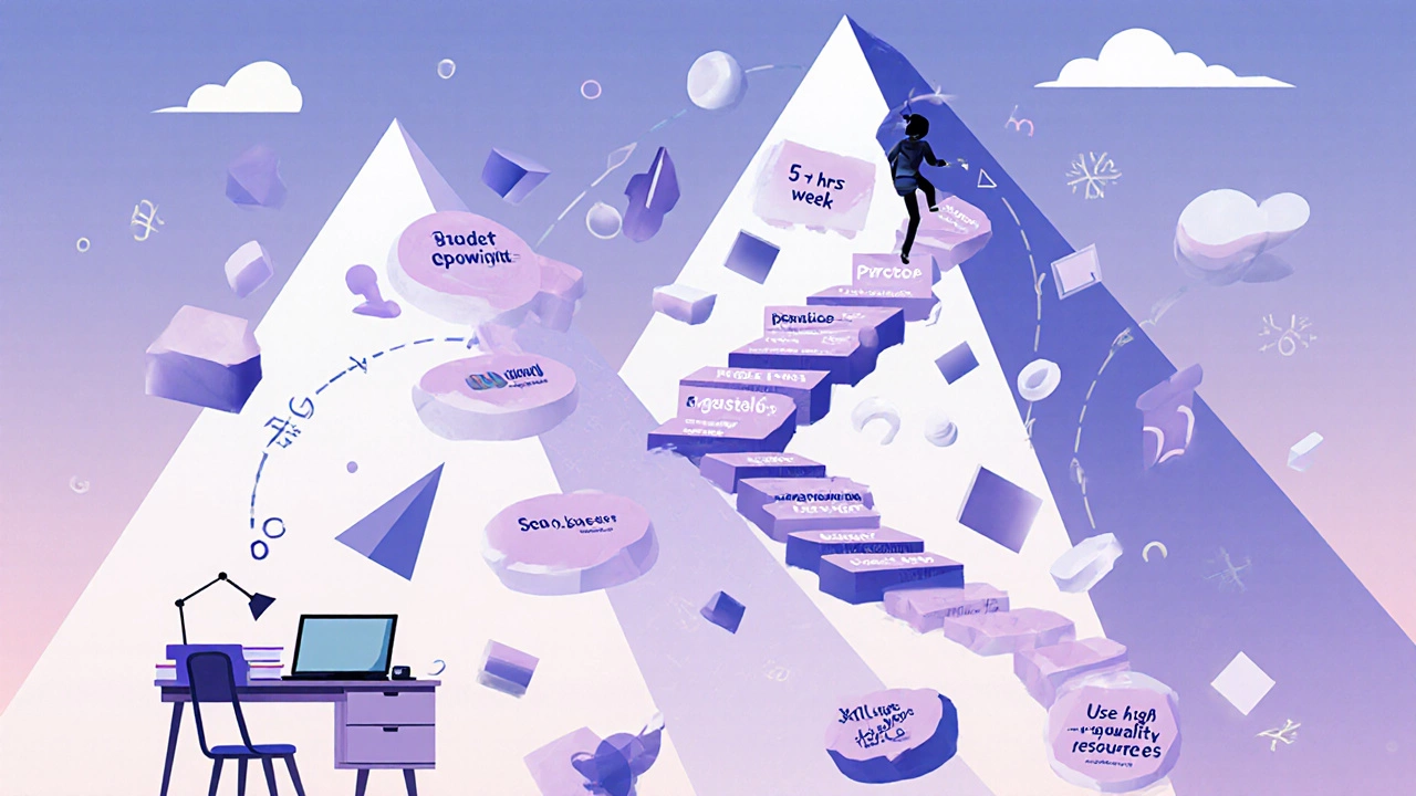 Roadmap path up a mountain of equations with study‑tip stones and a climbing student.