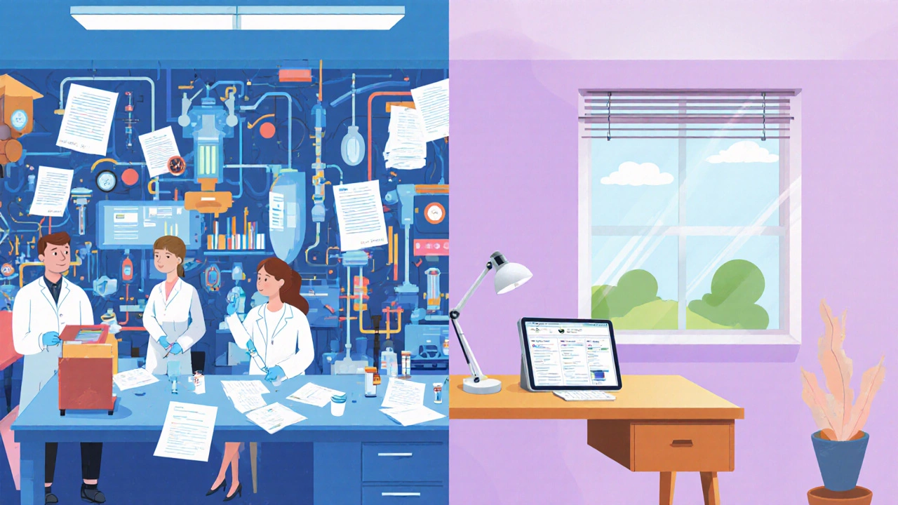 Side‑by‑side illustration of a busy lab versus a calm home office.