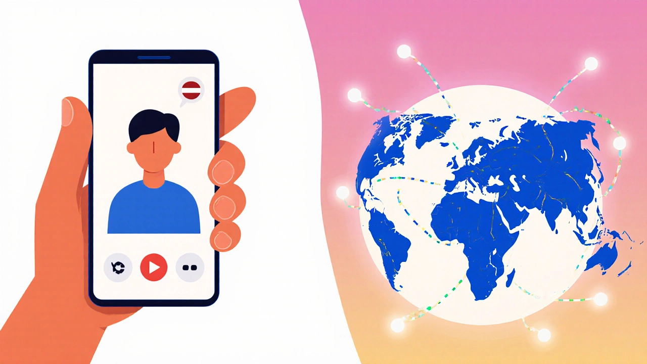 Split-screen view of a mobile video chat between a learner and an English speaker.