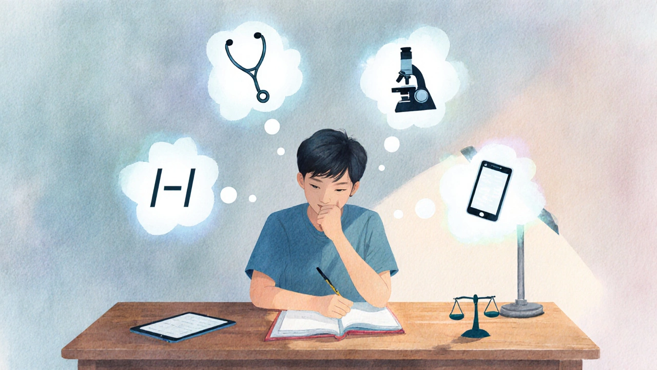 Student at home surrounded by floating icons of top NEET institutes, reflecting on choices.