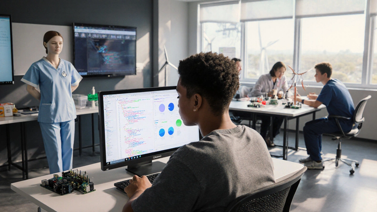Student in hybrid classroom with laptop, data screens, nursing mannequin, and tech prototypes.