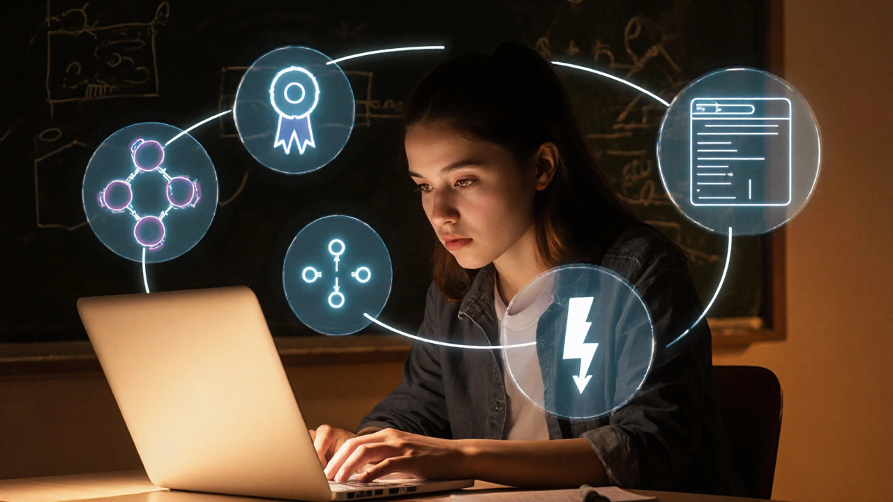 Student surrounded by holographic symbols of the five programming paradigms.