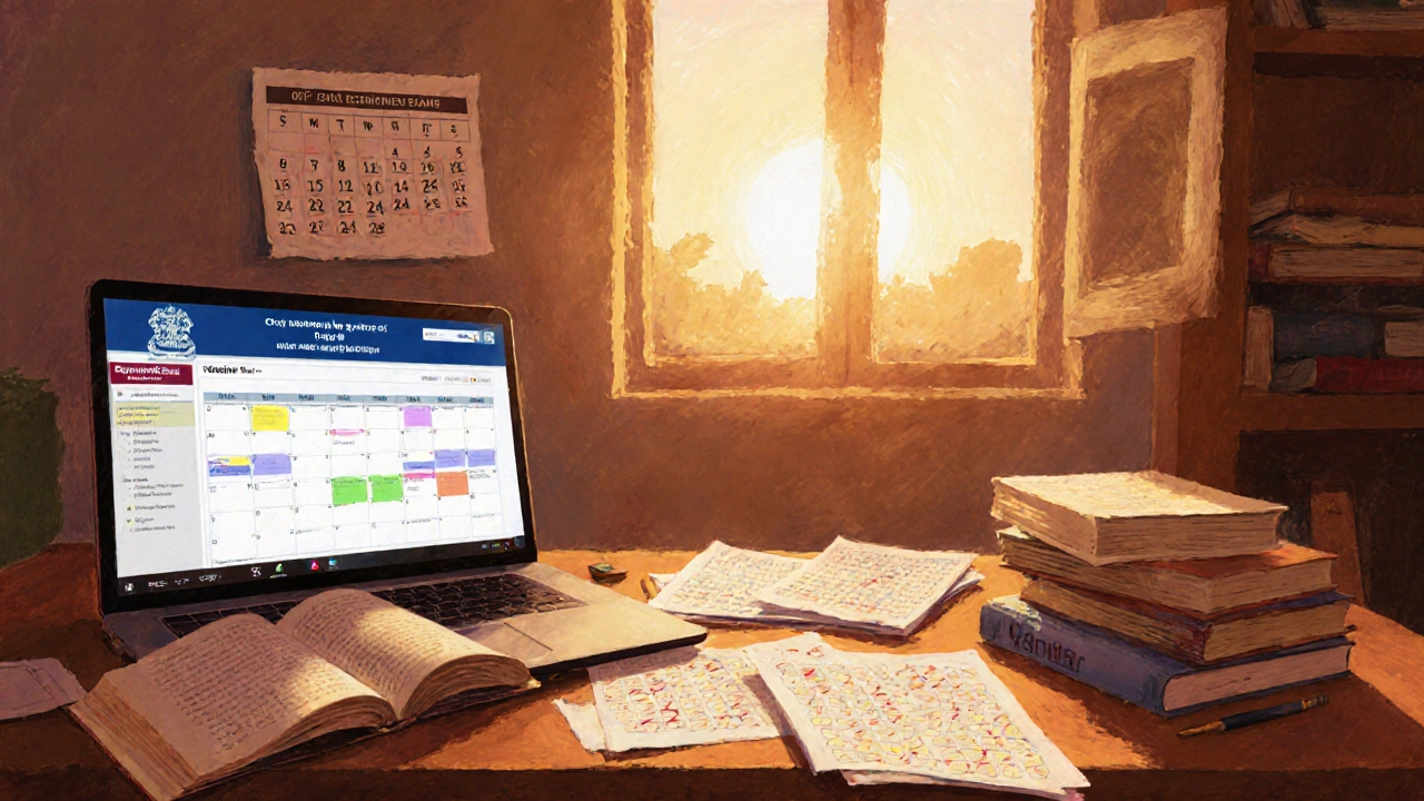 Study desk with books, laptop, timetable, and sunrise light symbolizing exam preparation.