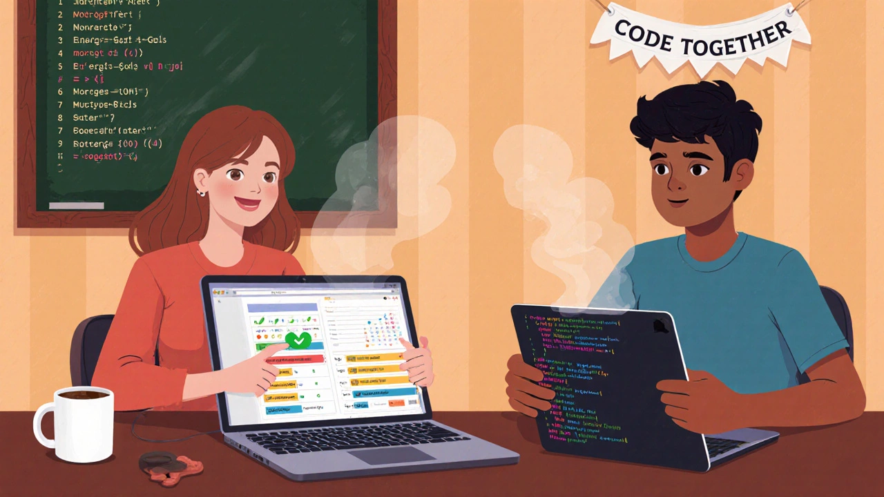 Two novice developers working together, showing Python code success and community vibe.